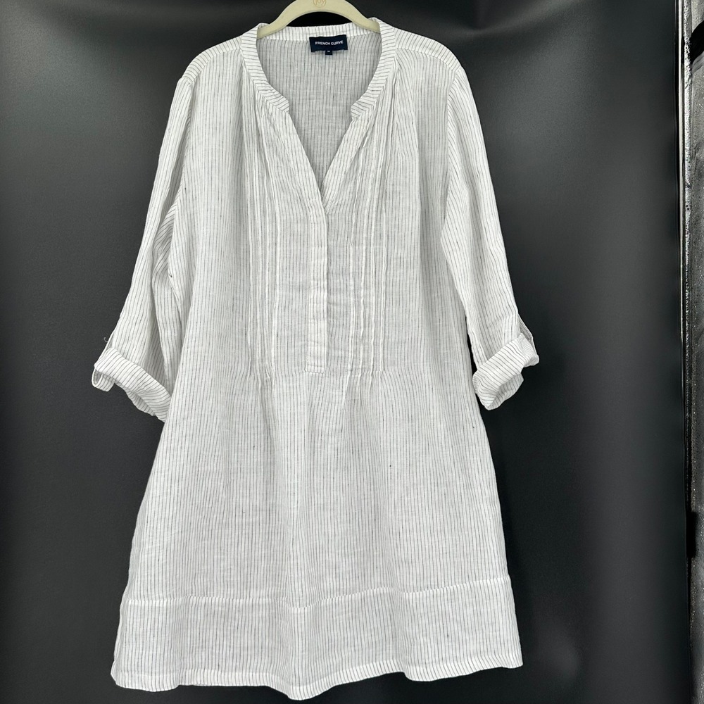 French Curve White Black Pinstripe 100% Linen Roll Tab Tunic Dress Womens Medium